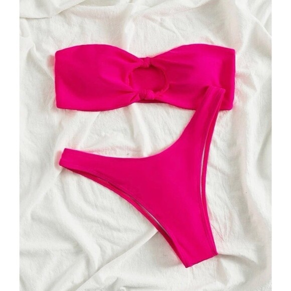 SHEIN Other - Shein Bikini Women’s L Hot Pink Bandeau Top & High Cut Bottom 2 Piece OC3A